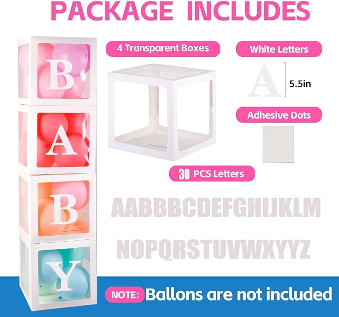 Baby Boxes with 30 PCS Letters, 4 Transparent Balloon boxes - Image 2