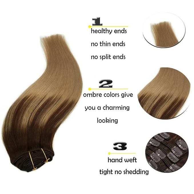 GOO GOO Clip in Hair Extensions Real Human Hair, Remy Human Hair Extensions Clip ins for Women, Natural Human Hair, 14inch 120g 7Pcs, 4/18 Balayage Chocolate Brown Highlighted Dirty Blonde