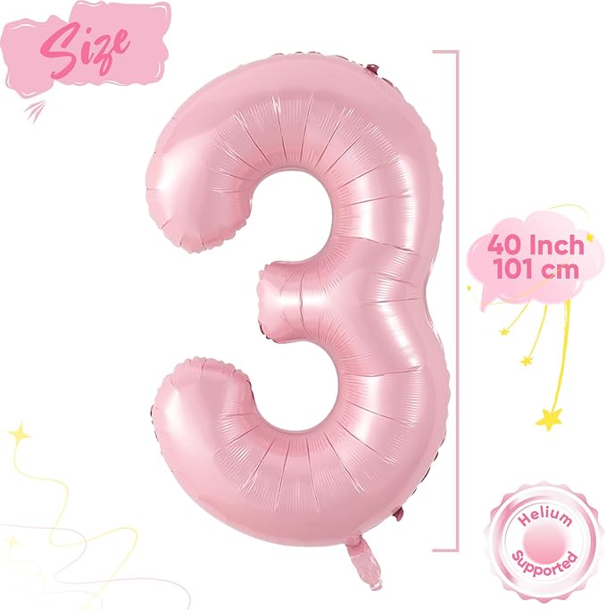 Light Pink 3 Balloon, 40 Inch Large Pastel Pink Foil Helium Number Balloons 0-9 - Image 2