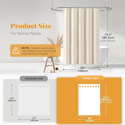 60x72 Boho Farmhouse Linen Heavy Duty Shower Curtain Set, Cream/Beige | Narrow - Image 3