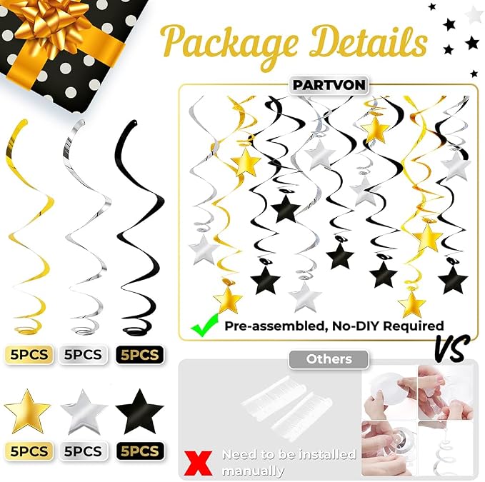 Gold Black Silver Star Hanging Swirl Decorations - Image 3