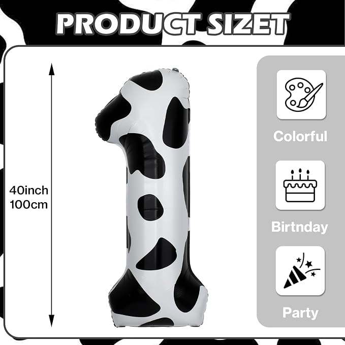 40 Inch Cow Print Number 1 Balloons, Birthday Party Aluminum Foil Balloon - Image 2