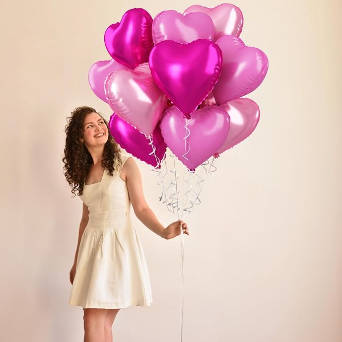 Pink Mixed Heart Balloons, 18 Inch 12 Pcs Hot Pink Foil Heart Shape Balloons - Image 3