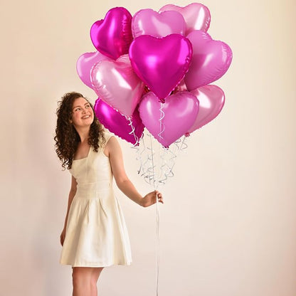 Pink Mixed Heart Balloons, 18 Inch 12 Pcs Hot Pink Foil Heart Shape Balloons - Image 3