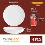 White Pasta Bowls Set of 4, Porcelain Salad Bowls 37 oz, Wide and Shallow Serving Bowl 9 Inch, Large Pasta Plates, Serving Dishes for Soup, Dinner, Microwave and Dishwasher Safe