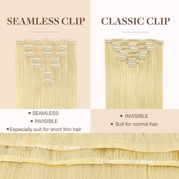 GOO GOO Clip in Hair Extensions Real Human Hair, Remy Human Hair Extensions Clip ins for Women, Natural Human Hair, 18inch 110g 7Pcs, 613R Bleach Blonde