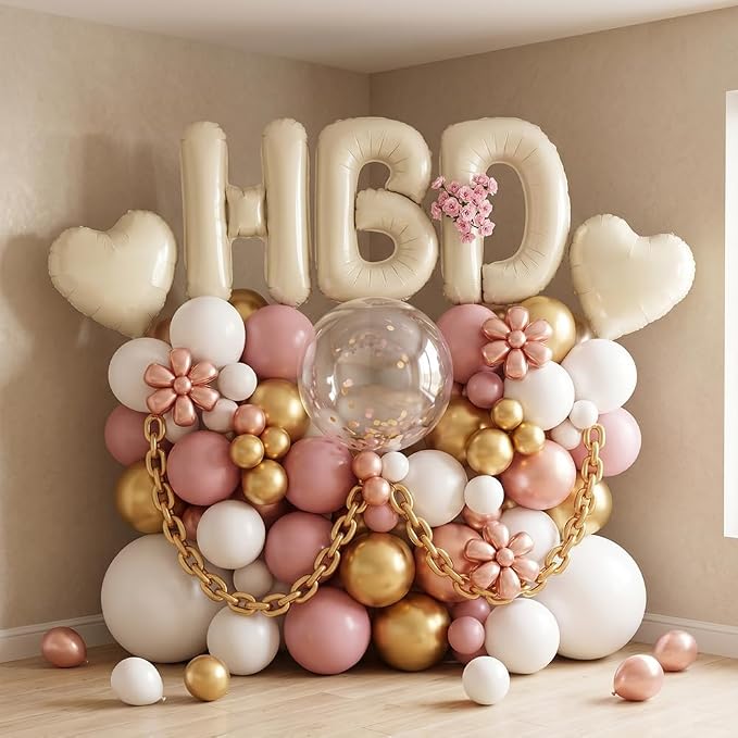 TONIFUL Cream White Big HBD Letter Happy Birthday Balloons Banner 40 Inch Ivory - Image 3