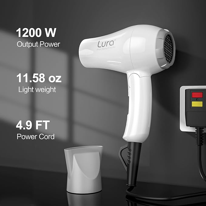 Foldable Travel Hair Dryer Mini:Dual Voltage Lightweight Blow Dryer with Pouch,1200w Compact Pink Small Hair Dryer for Acrylic Paint Pouring(White)
