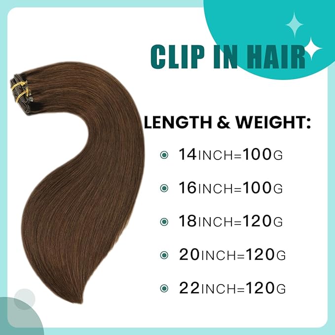 Clip in Extensions Real Human Hair, SURNEL Chocolate Brown Hair Extensions Clip ins 16 Inch 100g 6pcs (#4,16'')