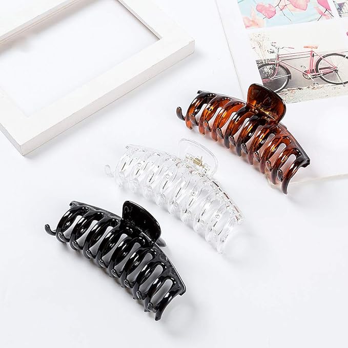 Polycarbonate Strong hold large hair claw clips for women thick hair, 3 counts in set of black/tortoise shell Brown/Clear resin big hair clips 4.3 inch in velvet gift bag (Plain)