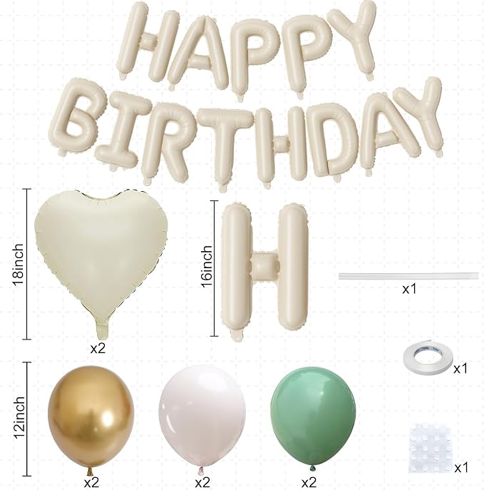 Happy Birthday Balloon Banner Cream Green, 16 Inch Beige Mylar Letters Heart - Image 4
