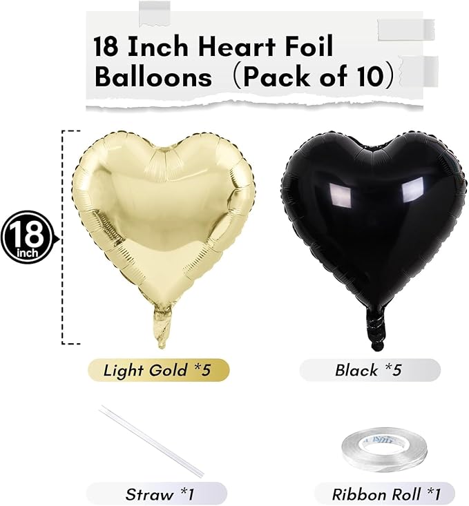 Black Gold Foil Heart Balloons, 18 Inch 10 Pcs Light Gold and Black Heart Shape - Image 2