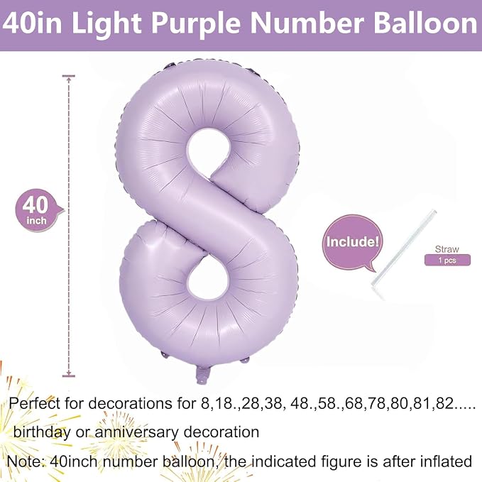 40 Inch Purple Number Balloons Light Purple 8 Balloon Matte purple Birthday - Image 2