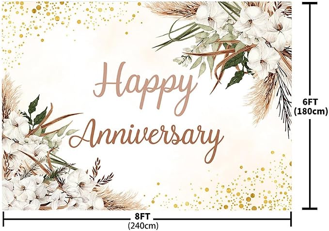 MEHOFOND Boho Happy Anniversary Backdrop White Floral Bohemia Pampas Grass - Image 4