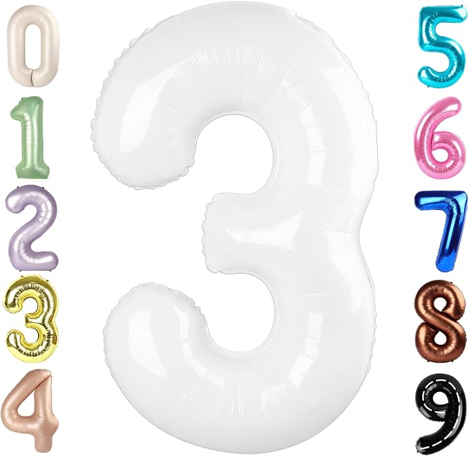 3 Balloon Numbers Birthday Decorations, 40In White Balloons by Mluchee