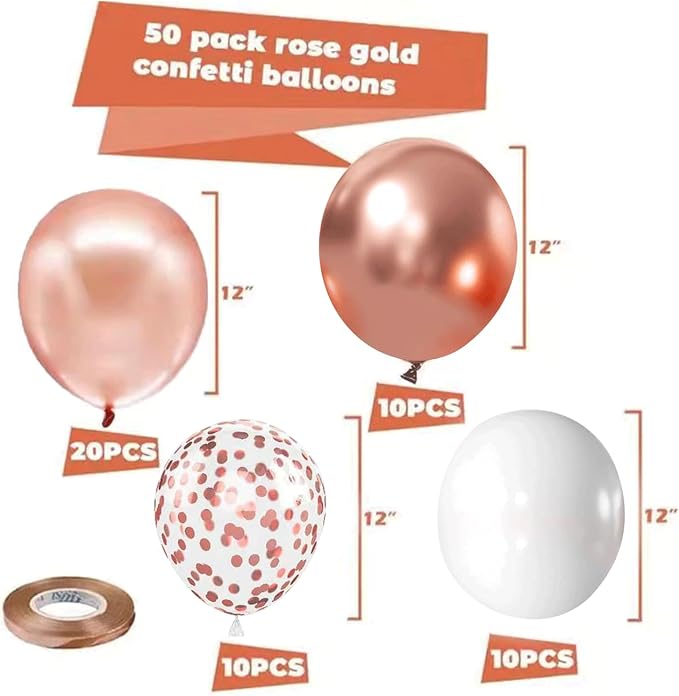 Rose Gold Confetti Balloons 50 Pcs 12 Inch | Sweet 16 Birthday Bridal Shower - Image 2