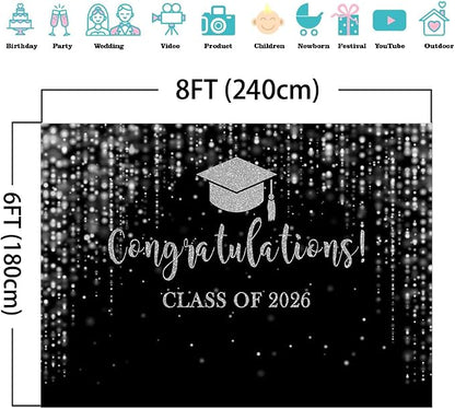 Mocsicka Class of 2026 Backdrop Black Silver Glitter Bokeh Graduation Party - Image 4