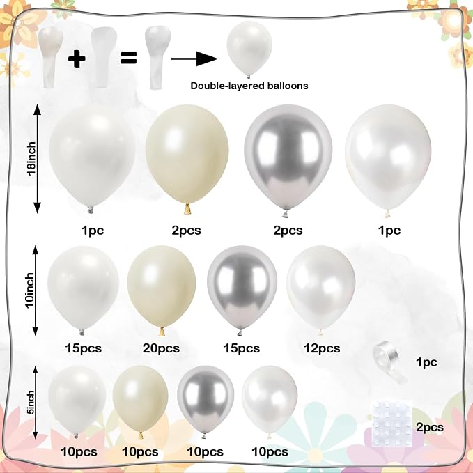 White and Silver Balloon Arch Kit, Double Stuffed Pearl Sand White Metal Silver - Image 2