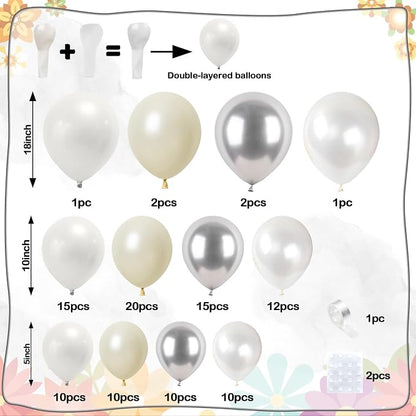 White and Silver Balloon Arch Kit, Double Stuffed Pearl Sand White Metal Silver - Image 2