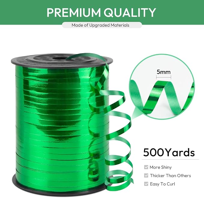 Green Curling Ribbon, 1/5" Wide x 500 Yards Christmas Curling Ribbons - Image 2