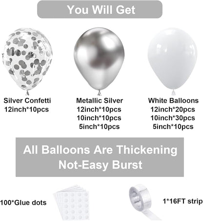 White Silver Balloon Garland Arch Kit 100PCS | Chrome Silver Confetti Balloons - Image 3