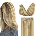 GOO GOO Clip in Hair Extensions Real Human Hair, Remy Human Hair Extensions Clip ins for Women, Natural Human Hair, 22inch 110g 7Pcs, 16/22 Light Blonde Highlighted Golden Blonde