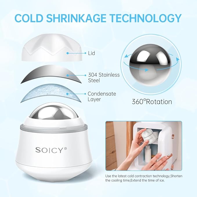 Ice Roller for Face and Eyes Body, Facial Ice Roller 360° Rotating Stainless Steel Ball Face Massager Fitness Cryosphere for Reduces Puffiness, Redness and Pain, Beauty Skin Care Tools