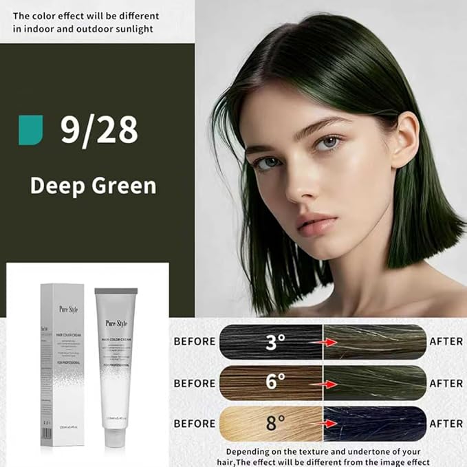 PureStyle 100g Professional Permanent Hair Color Dye Cream Ammonia Free, Long Lasting Deep Green Color, Natural Shine, For All Hair Types Easy At Home Application (9/28 Deep Green)