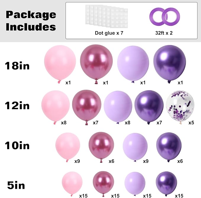 RUBFAC Pink Purple Balloon Garland Arch Kit Different Sizes 129pcs | Latex - Image 2