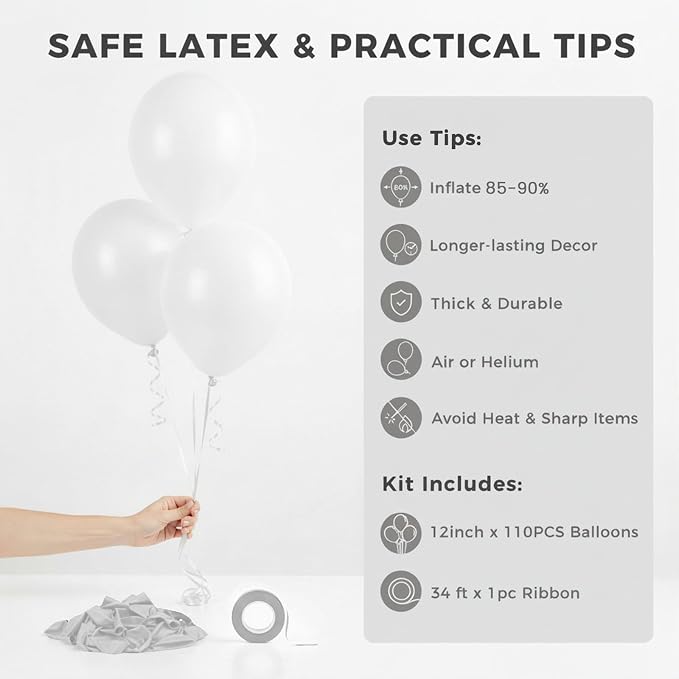 LOVESTOWN 110 PCS White Balloons, 12 Inch Bright White Latex Balloons | - Image 7