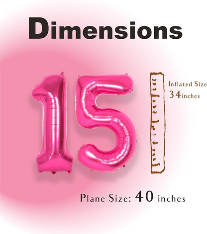 SUWEN 40 Inch Hot Pink Large 15 Number Balloons Big Foil Helium Number Balloons - Image 4