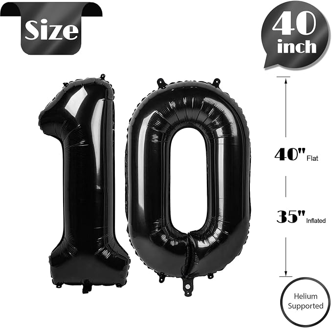 Black Number 10 Balloon 40 Inch, 10th Birthday Party Decorations Men Women | - Image 5
