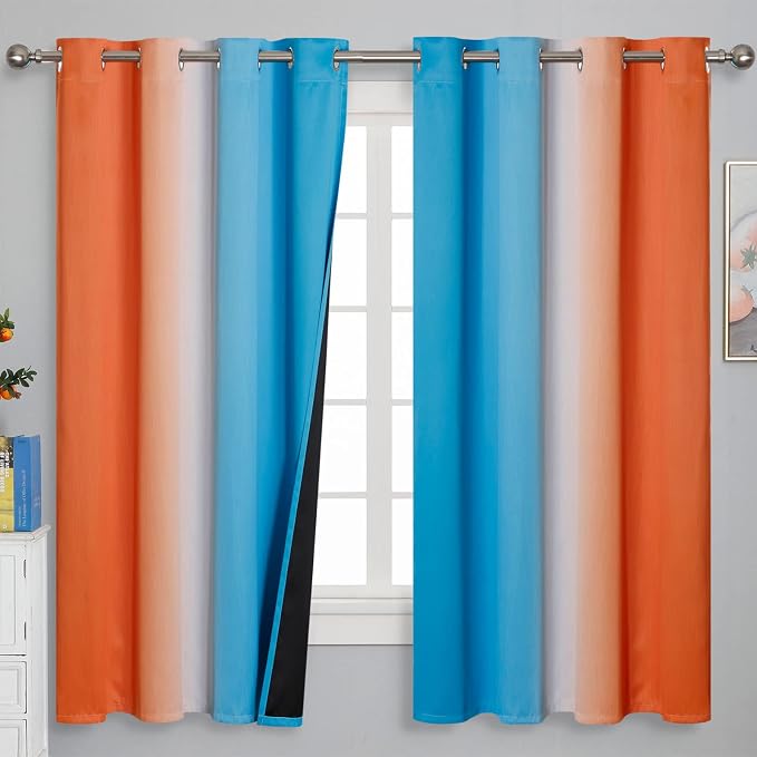 Ombre Orange and Blue Curtains 63 Inch Length 2 Panels, Total Blackout Curtains by ESTELARTEXTILER