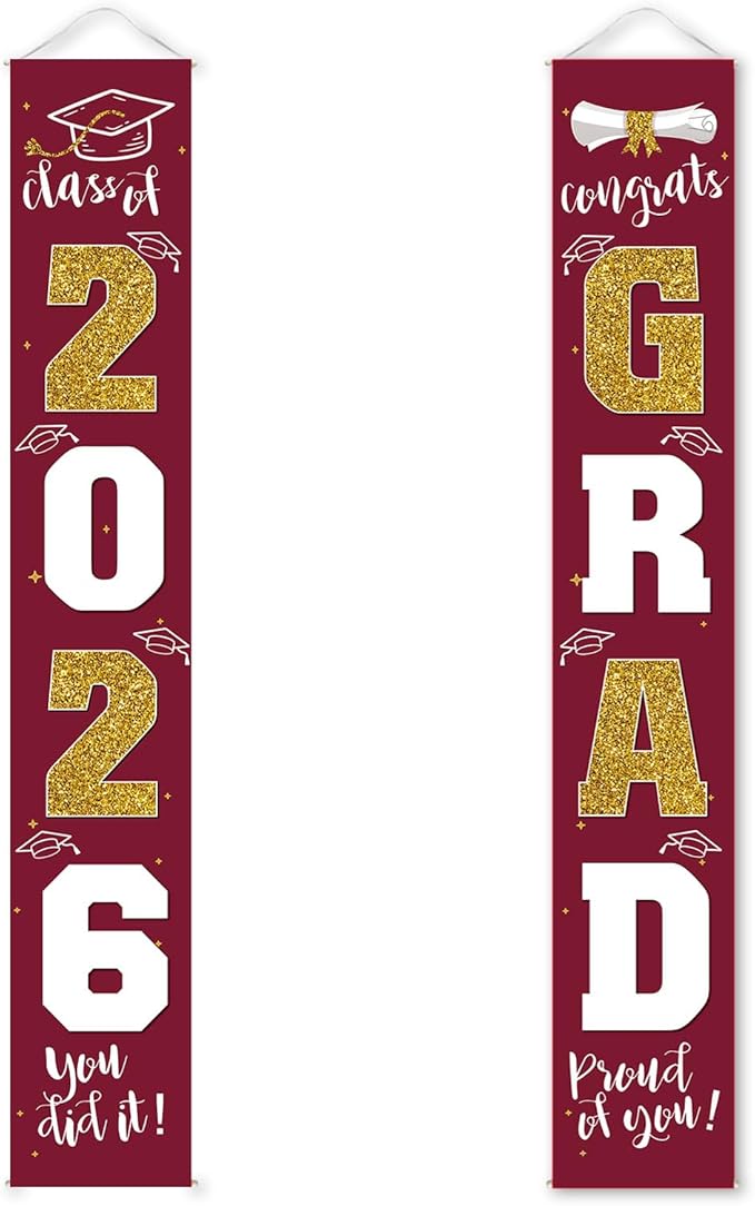 Graduation Decorations 2026 Banner Porch Sign Maroon Burgundy Red Gold by ATFUNSHOP