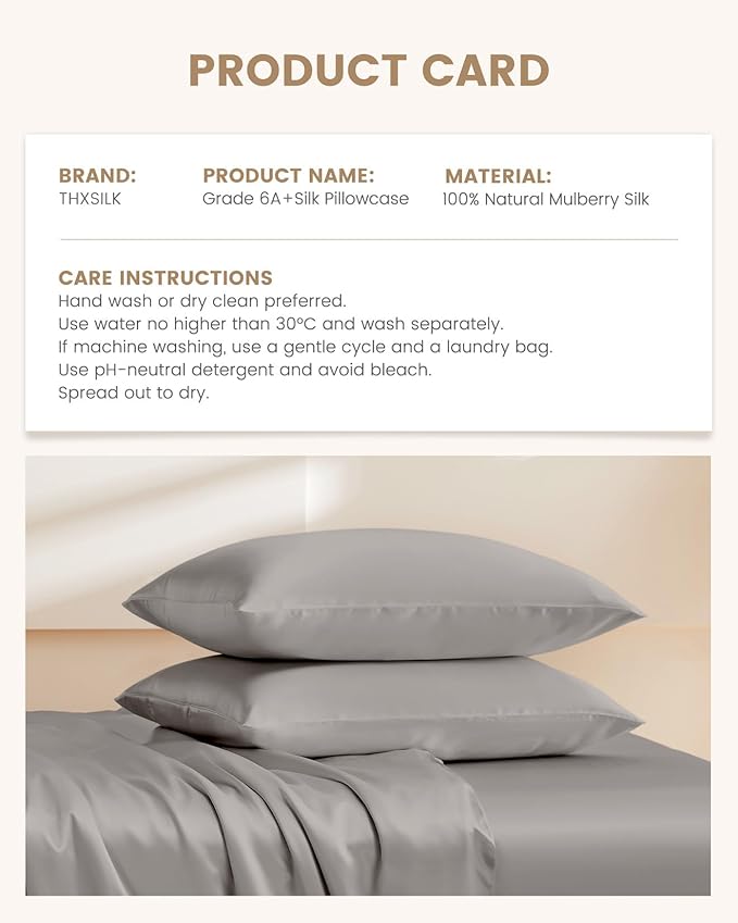 THXSILK Silk Pillowcase for Hair and Skin, 100% Mulberry Silk Bed Pillowcase with Hidden Zipper, Grade 6A+ Silk Soft Breathable Smooth, King Pillow Case (Grey)