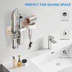 Hair Dryer Holder Wall Mounted,Blow Dryer, Curling Iron, Straightener Holder 3 in 1 Bathroom Metal Hair Tool Organizer Rack-White-1