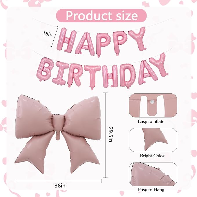 Vuzvuv Pink Happy Birthday Balloons, 38 Inches Huge Bow Aluminum Foil Balloons - Image 2