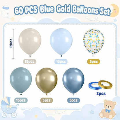 Paready Blue Balloons Set, 12 Inch Confetti Baby Blue Gold Metallic Balloon - Image 2