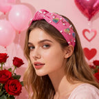 Valentines Day Elegant Pearl Headband, Hot Pink Rhinestone Hearts Design for Women Girls, Cute Wide Knotted Hair Band with Crystal Embellishments for Party Fashion Christmas New Year Hair Accessories