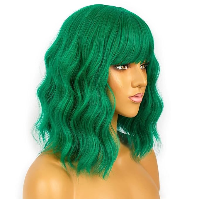 LANICE Green Wig for Women Short Bob Wigs with Bangs Natural Synthetic Wig Shoulder Length Colorful Wigs for Daily PartyUse(12inch,Green)