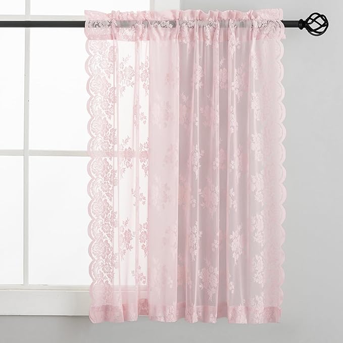 Kotile Short Pink Lace Curtains Rustic Floral W42 x L45 Inch, 2 Panels | Rod - Image 6