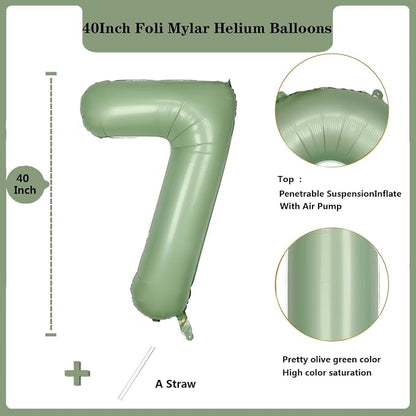 40 Inch Green Number Balloon 7 Olive Green Foil Balloon Sage Green 7 Balloons - Image 2