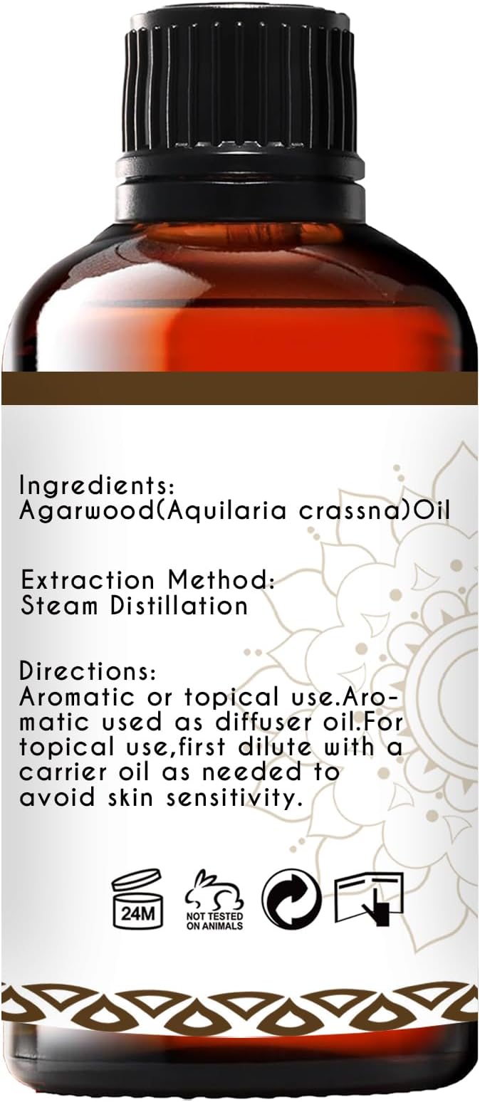 Agarwood Essential Oil, Pure Natural Organic Oud Essential Oil for Diffuser Meditation and DIY Cosmetic Making- 1 Oz