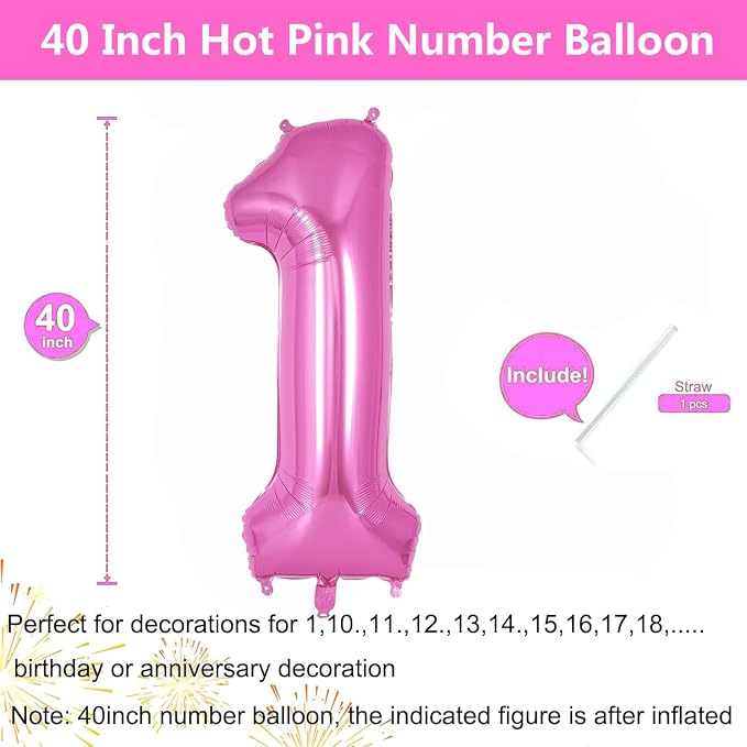Pink Number Balloons, Large Hot pink Number 1 Balloon 40 Inch Pink 1 Balloon - Image 2