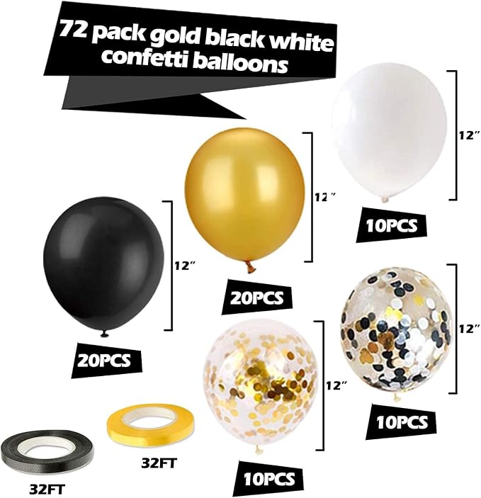 72 Pack Black Gold Confetti Balloons Kit, 12 Inch Black Gold White Balloons and - Image 5