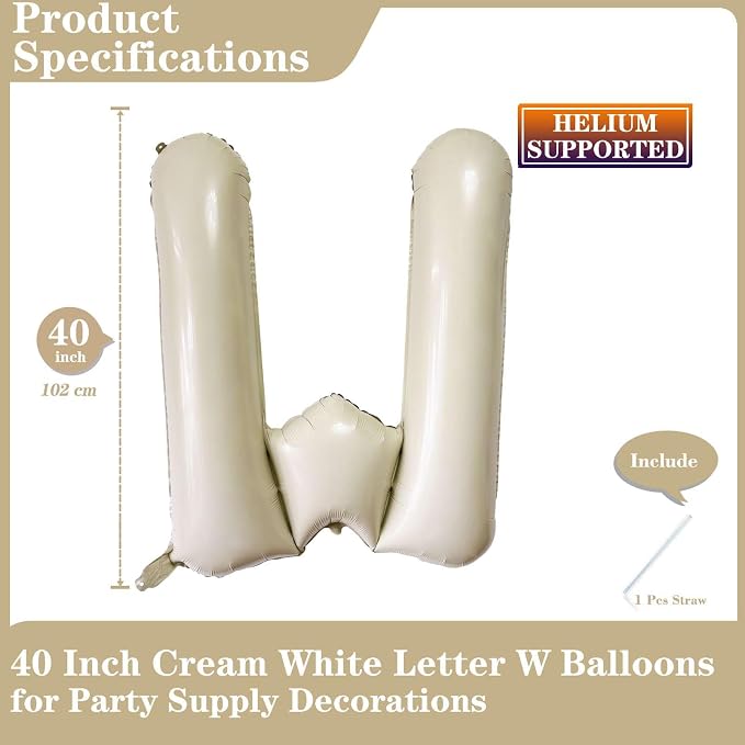 Cream White Letter W Balloons, 40 Inch Giant Letter Balloons W Foil Mylar - Image 2