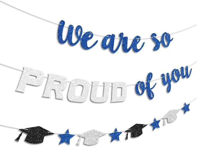 We Are So Proud of You Banner Prestrung Blue and Silver Graduation Banner - Image 2