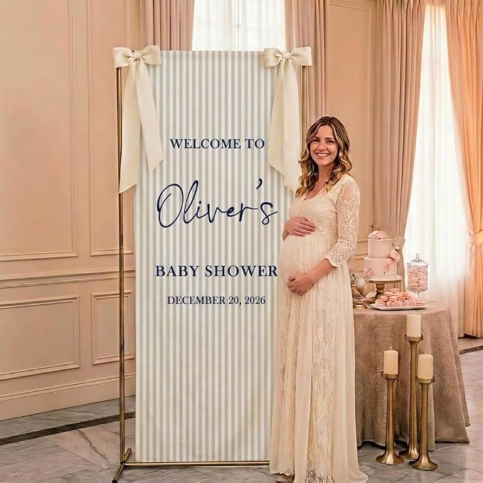 Custom Blue Striped Baby Shower Fabric Sign Hello Baby Linen Backdrop | - Image 4