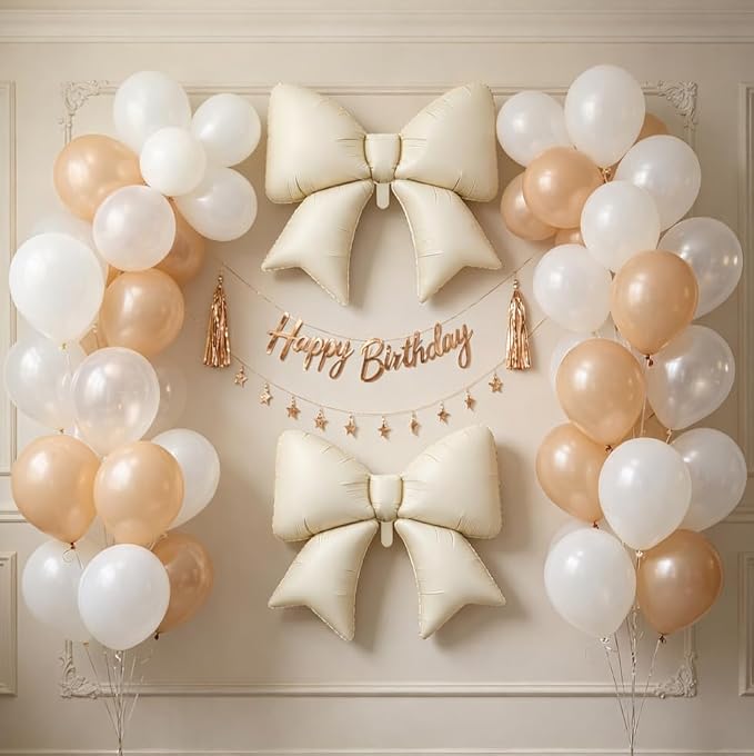 Cream Bow Foil Balloons 38 Inch, Large Beige White Bow Shaped Mylar Balloons - Image 2