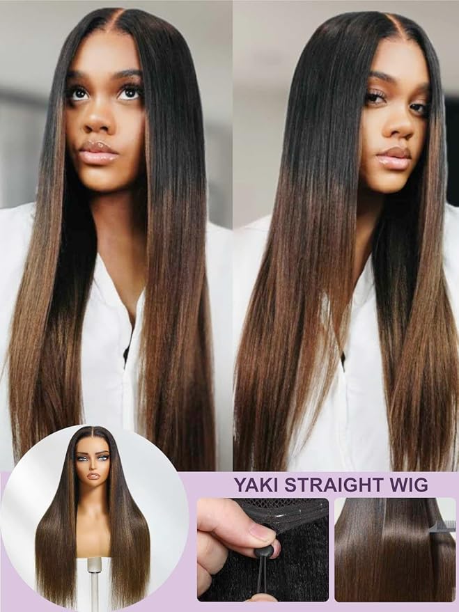 YIROO Bye Bye Knots Chestnut Brown Ombre Light Yaki Straight Wig Human Hair,7x5 Lace Front Glueless Wig with Drawstring,Pre Cut Pre Plucked Pre Bleached Knots Natural Hairline Wig for Women 22Inch